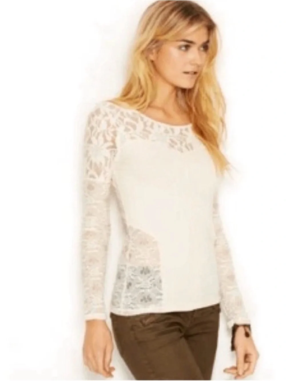 Free People Sweet Thang Cream Lace Yoke Long Sleeve Tee